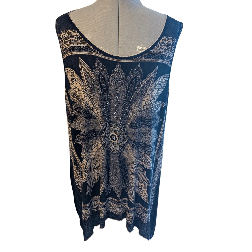 Skinny Minnie Black Paisley Rhinestone Embellished Tank Top Plus Size‎ 2X